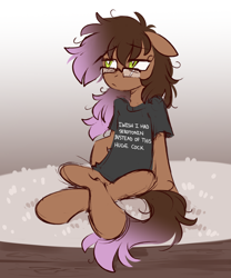 Size: 1444x1736 | Tagged: safe, artist:crimmharmony, oc, oc only, oc:be sharp, earth pony, pony, clothes, colored sketch, crossed legs, ears back, earth pony oc, exhausted, floppy ears, glasses, gradient background, looking away, male, meme shirt, shirt, sitting, sketch, solo, stallion, t-shirt, text on clothing, tired