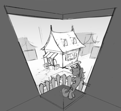 Size: 3092x2836 | Tagged: safe, artist:crimmharmony, pony, black and white, duo, fence, grayscale, house, minimalist, monochrome, perspective, sketch, study, waving