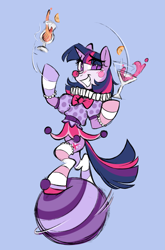 Size: 1383x2100 | Tagged: safe, artist:crimmharmony, twilight sparkle, unicorn, semi-anthro, g4, alcohol, bipedal, blush lines, blushing, clothes, clown, clown makeup, clown nose, cocktail, cocktail glass, drink, female, grin, horn, looking at you, mare, nervous, nervous smile, outfit, raised hoof, red nose, smiling, smiling at you, solo, twiclown, unicorn twilight