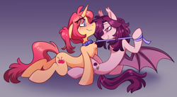 Size: 3656x2000 | Tagged: safe, artist:crimmharmony, oc, oc only, oc:crimm harmony, bat pony, pony, unicorn, bat pony oc, bat wings, blushing, cherry, collar, duo, ears back, ears up, flirting, food, gradient background, horn, leash, looking at each other, looking at someone, oc x oc, raised hoof, shipping, smiling, smiling at each other, smirk, smug, spread wings, tugging, unicorn oc, wings