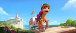 Size: 3739x1647 | Tagged: safe, artist:francesco denicolò, sunny starscout, earth pony, pony, g5, my little pony: a new generation, official, cart, cliff, concept art, female, helmet, lighthouse, mare, maretime bay, nature, outdoors, roller skates, scenery, skates, skating, smoothie cart, solo, sunny starscout's lighthouse, sunny's house