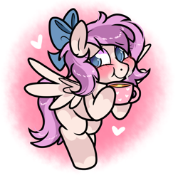 Size: 1100x1100 | Tagged: safe, artist:paperbagpony, oc, oc:chai leche, pegasus, blushing, bow, commissioner:dhs, hair bow, mug, pegasus oc, shy