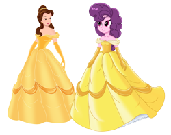 Size: 2869x2260 | Tagged: safe, artist:rainshadow, sugar belle, human, equestria girls, g4, beauty and the beast, belle, clothes, disney princess, dress, duo, duo female, equestria girls-ified, female, gown, name pun, princess belle, simple background, transparent background