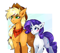 Size: 3000x2634 | Tagged: safe, artist:buvanybu, applejack, rarity, earth pony, pony, unicorn, g4, applejack's hat, blushing, clothes, cowboy hat, duo, duo female, female, gradient background, hat, horn, lesbian, passepartout, scarf, ship:rarijack, shipping, size difference, straw in mouth