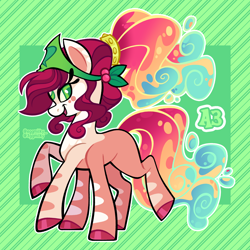 Size: 3000x3000 | Tagged: safe, artist:3ggmilky, oc, oc only, demon, demon pony, earth pony, pony, g4, adoptable, blank flank, coat markings, colored eartips, colored hooves, colored pinnae, colored pupils, cream coat, crossover fusion, ear markings, ear stripes, earth pony oc, ethereal mane, ethereal tail, eyelashes, facial markings, female, female oc, flowing mane, flowing tail, fusion, fusion:cherry jubilee, fusion:queen bee-lzebub, gradient mane, gradient tail, green eyes, green pupils, green text, hair accessory, headpiece, hellaverse, helluva boss, high res, hooves, leg markings, leg stripes, long eyelashes, looking back, magenta mane, mane accessory, mare, mare oc, mealy mouth (coat marking), multicolored mane, multicolored tail, multiple legs, multiple limbs, open mouth, open smile, orange coat, outline, passepartout, ponytail, profile, raised hoof, raised leg, red hooves, shiny hooves, signature, six legs, six-legged pony, smiling, solo, square pupils, standing, star (coat marking), striped background, stripes, tail, tied mane, two toned coat, wall of tags