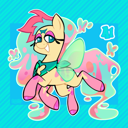 Size: 3000x3000 | Tagged: safe, artist:3ggmilky, oc, oc only, flutter pony, pony, g4, adoptable, bandana, blank flank, blue text, coat markings, colored eyelashes, colored hooves, colored pupils, colored wings, crossover fusion, ethereal mane, ethereal tail, eyelashes, female, female oc, flowing mane, flowing tail, flying, fusion:fluttershy, fusion:queen bee-lzebub, gradient mane, gradient tail, green eyelashes, green eyes, green wings, hellaverse, helluva boss, high res, hooves, leg markings, lidded eyes, long eyelashes, long mane, long tail, looking back, mare, multicolored mane, multicolored tail, multiple eyes, neckerchief, open mouth, open smile, outline, passepartout, pink hooves, raised hoof, raised leg, shiny hooves, signature, small wings, smiling, socks (coat markings), solo, spread wings, square pupils, striped background, stripes, tail, teal pupils, third eye, three eyes, three quarter view, transparent wings, wings, yellow coat