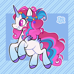 Size: 3000x3000 | Tagged: safe, artist:3ggmilky, oc, oc only, pony, unicorn, g5, adoptable, blank flank, blue text, butt wings, colored hooves, colored horn, colored pupils, colored wings, colored wingtips, curly mane, curly tail, eyelashes, female, female oc, flying, fusion, fusion:izzy moonbow, fusion:zipp storm, gradient horn, gradient legs, gradient mane, gradient tail, hair accessory, hair jewelry, high res, hooves, horn, leg wings, long mane, long tail, magenta mane, magenta tail, mane accessory, mane jewelry, mare, mare oc, multicolored mane, multicolored tail, multiple wings, open mouth, open smile, outline, passepartout, pink eyes, pink mane, pink tail, ponytail, profile, purple hooves, purple pupils, purple wingtips, shoulder feathers, signature, smiling, solo, square pupils, striped background, striped horn, tail, tied mane, two toned wings, unicorn horn, unshorn fetlocks, white coat, wings