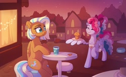 Size: 2048x1255 | Tagged: safe, artist:skysorbett, oc, oc only, oc:pair ghertz, oc:sky sorbet, pegasus, pony, autumn, building, cafe, duo, duo female, evening, eyes closed, female, folded wings, food, house, mare, muffin, outdoors, pegasus oc, sitting, smiling, street, table, wing hold, wings