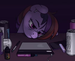 Size: 1280x1040 | Tagged: safe, artist:xwosya, oc, oc only, oc:xwosya, pony, airpods, bags under eyes, bust, depressed, depression, desk, drawing, drawing tablet, drink, earbuds, energy drink, female, floppy ears, indoors, monster energy, phone, portrait, solo, stylus, tired, vape, wacom