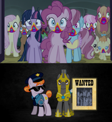 Size: 1274x1391 | Tagged: artist needed, safe, anonymous artist, artist:korsoo, artist:neighthirst, edit, edited screencap, screencap, big macintosh, cheerilee, cherry berry, copper top, cup cake, fluttershy, mochaccino, pinkie pie, pound cake, pumpkin cake, rare find, spike, twilight sparkle, alicorn, dragon, earth pony, pegasus, pony, unicorn, 28 pranks later, g4, my little pony: friendship is magic, alternate ending, alternate scenario, armor, backfire, bad end, clothes, comic, cookie zombie, cuffs, derp, female, foal, glasses, glowing, glowing horn, horn, male, mare, misunderstanding, necktie, oh crap, oh no, police hat, police officer, police pony, police uniform, prank gone wrong, reference, reference in the description, royal guard, royal guard armor, stallion, story included, sunglasses, this will end in jail time, twilight sparkle (alicorn), uh oh, wanted poster