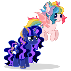 Size: 1920x1920 | Tagged: safe, artist:cirillaq, oc, oc only, oc:artemis, oc:rainbow skies, bat pony, pony, unicorn, female, horn, jewelry, mare, simple background, transparent background, vector