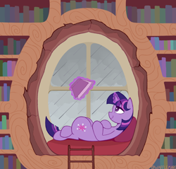 Size: 1480x1416 | Tagged: safe, artist:waffletheheadmare, twilight sparkle, pony, unicorn, g4, book, bookshelf, female, glowing, glowing horn, golden oaks library, horn, indoors, ladder, library, lying down, magic, mare, oak tree, on back, overcast, pillow, rain, reading, smiling, tree, unicorn twilight, window