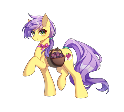 Size: 1901x1711 | Tagged: safe, artist:alus, oc, oc only, oc:plum blossoms, earth pony, pony, basket, bowtie, earth pony oc, female, looking at you, mane tie, mare, neck bow, plum, raised hoof, simple background, smiling, solo, tail, tail tie, tail wrap, transparent background