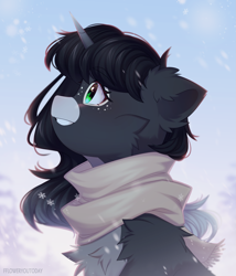 Size: 1881x2200 | Tagged: safe, artist:floweryoutoday, oc, oc:obsidian limelight, crystal pony, unicorn, clothes, horn, looking to the left, scarf, smiling, snow