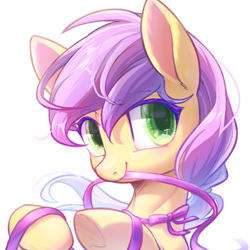 Size: 2000x2000 | Tagged: safe, artist:秋田伊子, oc, oc only, oc:plum blossoms, earth pony, pony, bowtie, cute, earth pony oc, female, green eyes, looking at you, mare, neck bow, purple mane, simple background, smiling, solo