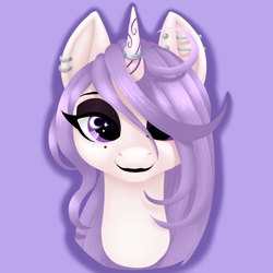 Size: 4000x4000 | Tagged: safe, artist:mosssong, oc, oc only, oc:queen lexi, alicorn, pony, beauty mark, black eyeshadow, black lipstick, bust, ear piercing, eyeshadow, female, horn, horn ring, jewelry, lavender mane, lineless, lipstick, makeup, mare, piercing, portrait, purple background, purple eyes, purple mane, ring, simple background, smiling, solo, white fur