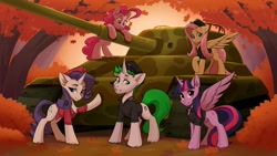 Size: 1920x1080 | Tagged: safe, artist:kittytitikitty, fluttershy, pinkie pie, rarity, twilight sparkle, oc, alicorn, earth pony, pegasus, pony, unicorn, g4, autumn, canon x oc, horn, outdoors, tank (vehicle), twilight sparkle (alicorn)