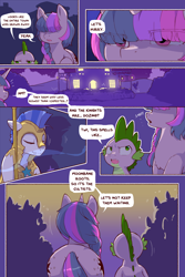 Size: 960x1440 | Tagged: safe, artist:cold-blooded-twilight, spike, twilight sparkle, dragon, pony, unicorn, cold blooded twilight, comic:cold storm, g4, alternate design, armor, both cutie marks, butt, comic, dialogue, eye clipping through hair, female, guards, helmet, horn, lidded eyes, mare, open mouth, outdoors, plot, royal guard, sleepy, speech bubble, twibutt, unicorn twilight