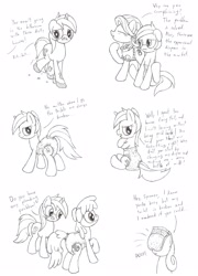 Size: 1800x2500 | Tagged: safe, artist:datspaniard, berry punch, berryshine, bon bon, silver spanner, spoiled rich, sweetie drops, earth pony, pony, unicorn, g4, bathroom denial, black and white, clothes, comic, crossed arms, dialogue, diaper, diaper fetish, embarrassed, eyes closed, female, fetish, grayscale, horn, looking at you, mare, messy diaper, monochrome, non-baby in diaper, open mouth, plumber, raised hoof, rear view, scrunchy face, sitting, story included, talking to viewer, traditional art, unamused, walking, wavy mouth