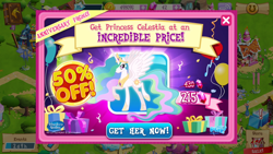 Size: 1136x640 | Tagged: safe, gameloft, princess celestia, alicorn, pony, g4, my little pony: magic princess, advertisement, costs real money, crown, discount, english, ethereal mane, female, gem, horn, jewelry, mare, mobile game, numbers, regalia, sale, solo, spread wings, stock vector, text, wings