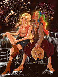 Size: 750x1000 | Tagged: source needed, safe, artist:tebieaichiyu, applejack, rainbow dash, human, g4, absolute cleavage, applejack's hat, boots, breasts, cleavage, cowboy hat, cutie mark accessory, cutie mark necklace, duo, female, fireworks, freckles, hat, high heels, humanized, jewelry, necklace, ponytail, shoes