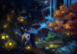 Size: 1700x1200 | Tagged: safe, artist:mrmark, oc, oc only, oc:aura, firefly (insect), insect, unicorn, bush, cloud, commission, flower, grass, horn, log, male, moon, nature, night, outdoors, scenery, solo, stroll, tree, walking, water, waterfall