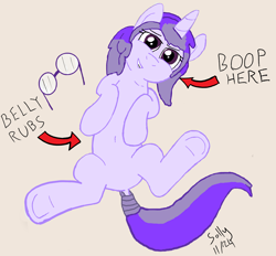 Size: 4336x4032 | Tagged: safe, artist:mellow91, artist:sollace, color edit, derpibooru exclusive, edit, oc, oc only, oc:glass sight, pony, unicorn, absurd resolution, arrow, bellyrubs, boop, colored, cute, featureless crotch, female, frog (hoof), glasses, horn, looking at you, lying down, mare, on back, signature, simple background, smiling, smirk, solo, tail, tail wrap, underhoof, unicorn oc