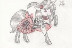 Size: 4689x3119 | Tagged: safe, artist:dojero, oc, oc only, oc:aura, unicorn, 2019, absurd file size, bow, braid, choker, clothes, colored sketch, commission, crossdressing, dress, feather, feather in hair, femboy, high res, horn, limited palette, male, pencil drawing, saloon dress, sketch, socks, solo, tail, tail bow, traditional art