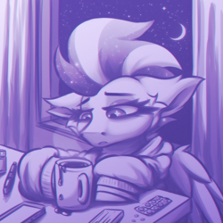 Size: 1500x1500 | Tagged: safe, artist:shad0w-galaxy, oc, oc only, oc:shadow galaxy, pegasus, pony, bags under eyes, cheek fluff, clothes, coffee, coffee mug, curtains, desk, ear fluff, ethereal mane, female, hoodie, indoors, mare, monochrome, moon, mug, night, pegasus oc, phone, pills, sketch, solo, starry eyes, starry mane, stars, vent art, window, wingding eyes