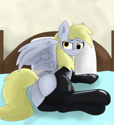 Size: 2718x3000 | Tagged: safe, artist:aubs, derpy hooves, pegasus, pony, g4, bed, bubble butt, butt, clothes, dock, female, indoors, latex, latex socks, looking back, lying down, mare, newbie artist training grounds, on bed, on side, plot, socks, solo, tail