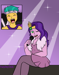 Size: 1999x2524 | Tagged: safe, artist:hayley566, hitch trailblazer, pipp petals, human, equestria girls, g4, g5, adorapipp, alternate hairstyle, bedroom eyes, blushing, clothes, commission, concert, crown, cute, dress, duo, duo male and female, equestria girls-ified, eyes closed, fanboy, fanboying, feather boa, female, glowstick, headband, hitchbetes, jewelry, male, meme, microphone, one eye closed, open mouth, regalia, screaming fan meme, shirt, singing, sitting, stage, stockings, t-shirt, thigh highs, wink