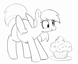 Size: 2852x2337 | Tagged: safe, artist:pabbley, derpy hooves, pegasus, pony, g4, chubby, eating, food, herbivore, monochrome, muffin, simple background, solo, white background