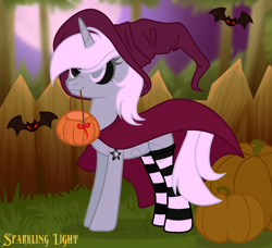 Size: 1800x1640 | Tagged: safe, artist:yeetmedownthestairs, oc, oc only, oc:neigh-jing, bat, pony, unicorn, black sclera, clothes, commission, female, full moon, halloween, hat, heterochromia, holiday, horn, mare, moon, mouth hold, night, outdoors, pumpkin, pumpkin bucket, socks, solo, striped socks, tattoo, tree, witch, witch costume, witch hat, ych result, yin-yang