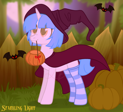 Size: 1800x1640 | Tagged: safe, artist:yeetmedownthestairs, oc, oc only, oc:bright color, bat, pony, unicorn, clothes, commission, female, full moon, halloween, hat, holiday, horn, mare, moon, mouth hold, night, outdoors, pumpkin, pumpkin bucket, socks, solo, striped socks, tree, witch, witch costume, witch hat, ych result