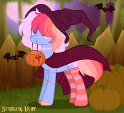 Size: 1800x1640 | Tagged: safe, artist:yeetmedownthestairs, oc, oc only, oc:fae, bat, pony, unicorn, choker, clothes, commission, female, full moon, halloween, hat, holiday, horn, mare, markings, moon, mouth hold, multicolored hair, night, outdoors, pumpkin, pumpkin bucket, rainbow hair, socks, solo, striped socks, tree, unshorn fetlocks, witch, witch costume, witch hat, ych result