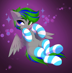 Size: 3663x3757 | Tagged: safe, artist:empress-twilight, oc, oc only, oc:swift mist, pegasus, pony, :p, belly, belly button, blushing, cheek fluff, chest fluff, clothes, commission, ear fluff, eye clipping through hair, eyebrows, eyebrows visible through hair, heterochromia, pegasus oc, smiling, socks, solo, sparkles, striped socks, tail, tongue out, wings, ych result