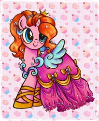 Size: 1676x2048 | Tagged: safe, artist:dariarchangel, oc, oc only, oc:dazha, pony, unicorn, g4, adorable face, beads, big eyes, blue eyes, c:, clothes, crown, cupcake, cute, cute face, cute smile, diadem, dress, fake wings, fancy dress, female, female oc, food, gala dress, gala outfit, gold, golden crown, gown, grand galloping gala, hair over one eye, hairband, hoof shoes, horn, jewelry, long dress, mare, ocbetes, orange hair, orange mane, patterned background, pearl, pink coat, pink dress, pony oc, regalia, small horn, smiling, smol, sparkles, tiara, traditional art, unicorn oc, wavy hair, wavy mane