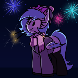 Size: 960x960 | Tagged: safe, artist:thebatfang, oc, oc only, oc:lucky roll, bat pony, pony, bat pony oc, clothes, female, fireworks, guy fawkes day, hat, mare, mouth hold, night, scarf, smiling, socks, solo, sparkler (firework), stockings, thigh highs, winter hat, winter outfit