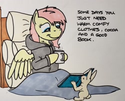 Size: 2047x1648 | Tagged: safe, artist:hoofclid, angel bunny, fluttershy, pegasus, pony, rabbit, g4, animal, blanket, book, chocolate, clothes, coffee mug, comfy, duo, duo male and female, female, food, hoodie, hoof hold, hot chocolate, indoors, male, mare, marker drawing, messy mane, mug, pillow, reading, text, traditional art