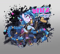 Size: 1483x1345 | Tagged: safe, artist:rotten_hyena, earth pony, pony, g4, arcane, blue mane, boots, braid, braided tail, clothes, drug use, drugs, female, g4 style, gun, holding, jinx (league of legends), league of legends, long mane, mare, open mouth, pants, pink eyes, ponified, shoes, solo, standing, tail, tattoo, vein, weapon