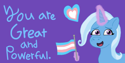 Size: 1604x810 | Tagged: safe, artist:shucku, trixie, unicorn, g4, female, flag, horn, mouthpiece, pride, pride flag, simple background, trans female, trans trixie, transgender, transgender pride flag