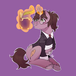 Size: 2200x2200 | Tagged: safe, artist:crisbeldyny, oc, oc only, oc:midnight scrawl, pony, unicorn, clothes, commission, commissioner:bkiltersot, feather, glasses, horn, lilac background, magic, male, ponytail, reading, solo, stallion, unshorn fetlocks