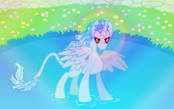 Size: 1716x1068 | Tagged: safe, artist:acura, oc, oc only, oc:acura, alicorn, pony, alicorn oc, black sclera, horn, leonine tail, male, outdoors, solo, stallion, tail, thin, wings