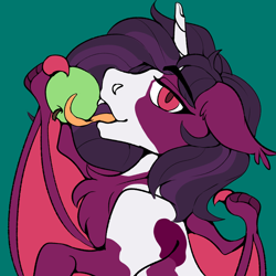 Size: 1000x1000 | Tagged: safe, artist:komodon, oc, oc only, oc:velvet night, bat pony, pony, undead, unicorn, vampire, vampony, apple, bat wings, broken horn, fangs, food, green background, horn, licking, looking at you, male, simple background, solo, stallion, tongue out, wings