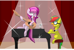 Size: 2962x2024 | Tagged: safe, artist:rcflashfreak, oc, oc only, earth pony, pony, unicorn, duo, glasses, guitar, horn, indoors, microphone, musical instrument, piano, singing