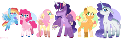 Size: 6391x2048 | Tagged: safe, artist:milktrail, applejack, fluttershy, pinkie pie, rainbow dash, rarity, twilight sparkle, alicorn, earth pony, pegasus, pony, unicorn, g4, alternate universe, coat markings, gender headcanon, headcanon in the description, horn, mane six, redesign, simple background, twilight sparkle (alicorn), white background