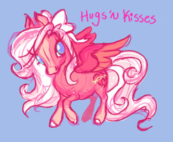 Size: 1641x1348 | Tagged: safe, artist:janegumball, oc, oc only, oc:hugs 'n kisses, pegasus, pony, blaze (coat marking), blue background, blue eyes, blue pupils, bow, coat markings, colored hooves, colored pupils, colored sketch, colored wings, colored wingtips, eyelashes, facial markings, female, hair accessory, hair bow, hooves, leg markings, long mane, long tail, looking back, mane accessory, mare, orange wingtips, partially open wings, pegasus oc, pink coat, pink mane, pink tail, pink text, pink wings, raised hoof, simple background, sketch, socks (coat markings), solo, standing, standing on three hooves, tail, two toned mane, two toned tail, two toned wings, white bow, white hooves, wings