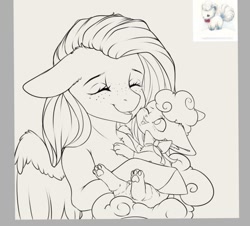 Size: 1008x910 | Tagged: safe, artist:miokomata, fluttershy, alolan vulpix, pegasus, pony, vulpix, g4, alolan form, cheek squish, cute, female, floppy ears, freckles, freckleshy, gray background, hug, mare, open mouth, open smile, paw pads, paws, pokémon, shyabetes, simple background, smiling, squishy cheeks