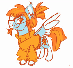 Size: 1362x1264 | Tagged: oc name needed, safe, artist:janegumball, part of a set, oc, oc only, pegasus, pony, beard, blaze (coat marking), blue coat, clothes, coat markings, colored muzzle, colored pinnae, colored sketch, colored wings, colored wingtips, doodle, ear tufts, facial hair, facial markings, glasses, leg markings, light blue coat, looking back, male, male oc, no catchlights, no pupils, oc redesign, orange mane, orange tail, pale muzzle, pegasus oc, ponytail, ponyville ciderfest, ponyville ciderfest 2024, profile, requested art, round glasses, simple background, sketch, smiling, socks (coat markings), solo, spread wings, stallion, stallion oc, standing, straight tail, sweater, tail, tied mane, turtleneck, turtleneck sweater, two toned mane, two toned tail, two toned wings, white background, white wingtips, wings