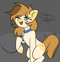 Size: 1585x1616 | Tagged: artist needed, safe, oc, oc only, earth pony, human, pony, collar, good boy, human to pony, leash, one eye closed, open mouth, pony pet, smiling, solo, transformation